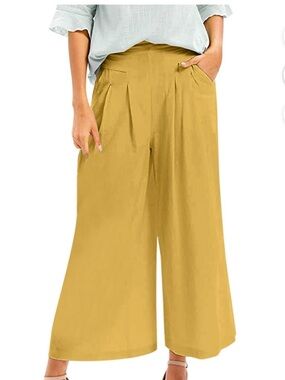 Yellow Wide-Leg Women’s Pants - Casual Pleated Trousers